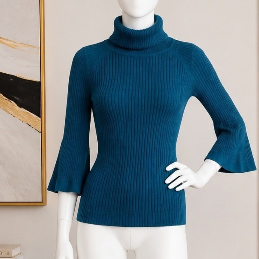 INED Women Sweater Teal Blue Ribbed Wool Blend Bell Sleeve Size 9